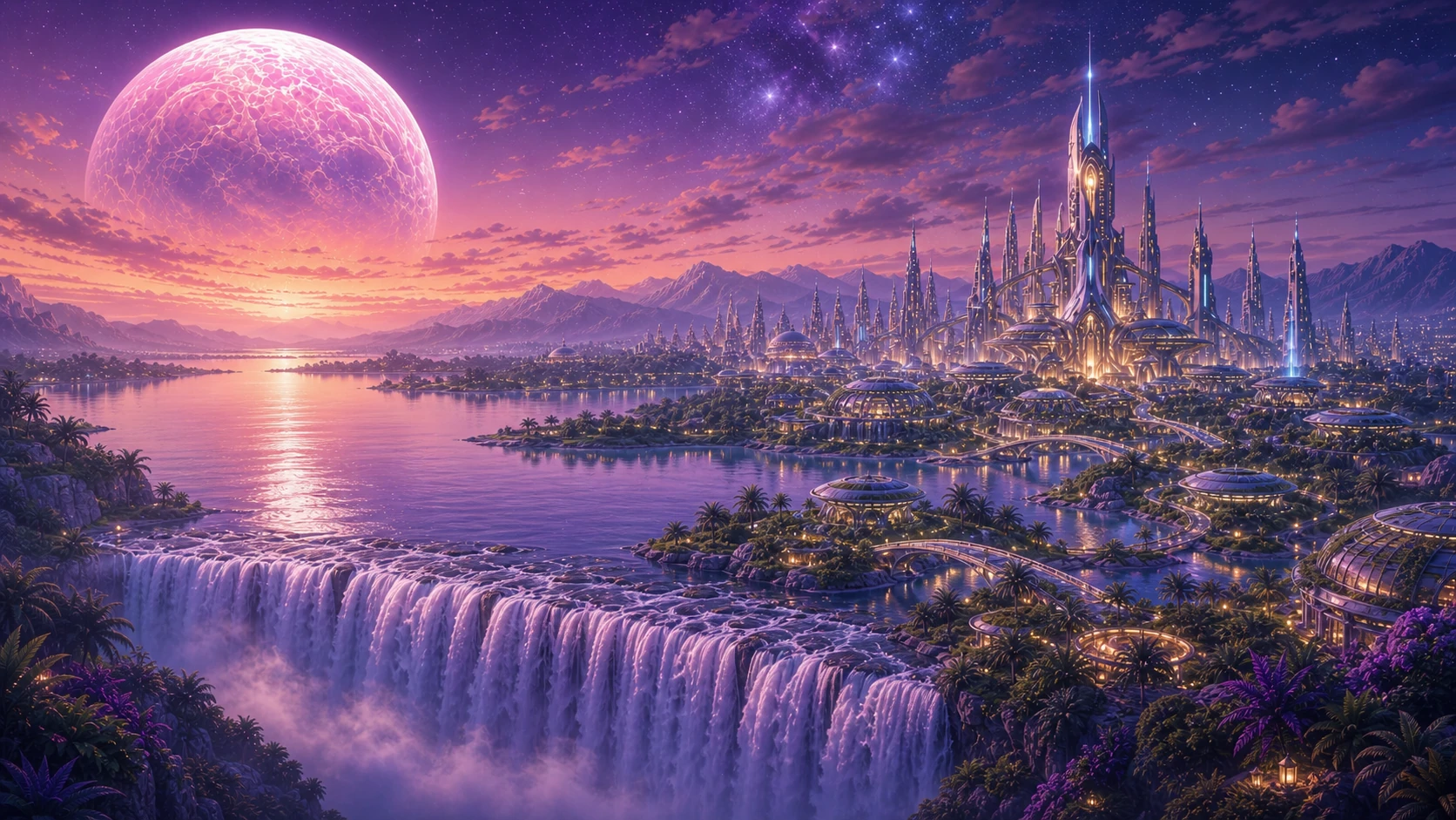 Avenor’s luminous civic crown and garden districts across the upper lake beyond Veilfall.