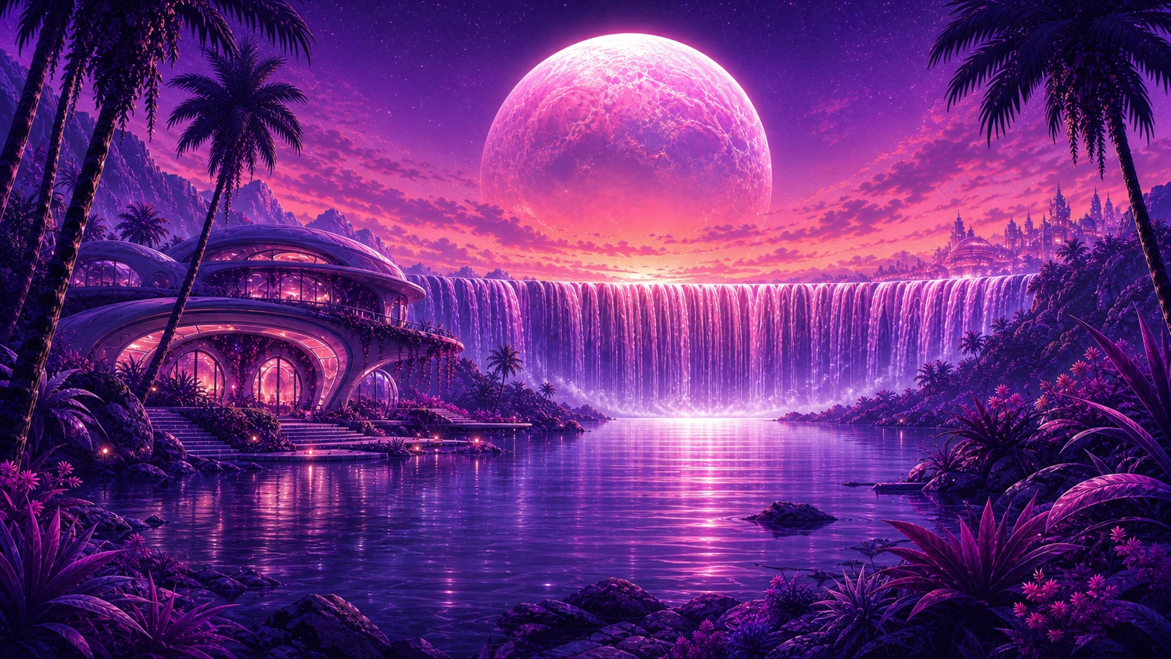 Lumael Cove beneath the luminous Absent Moon, with Tideglass and Veilfall across the lagoon.