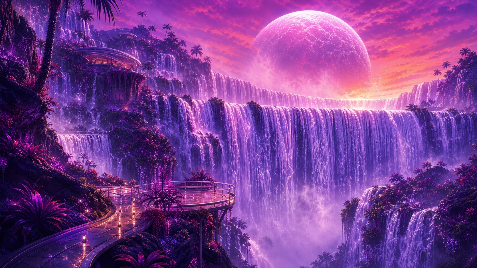 The immense terraced waters of Veilfall and its circular Listening Ring overlook.